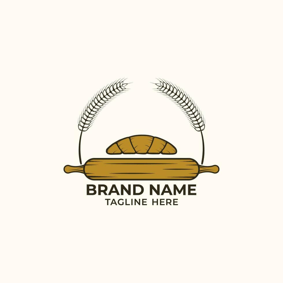 bakery logo design with rolling pin wheat and bread vector