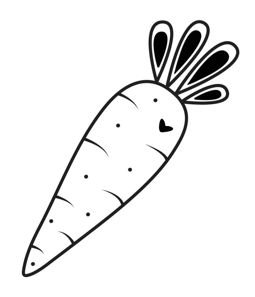 Cute carrot with a heart, love to root vegetables, black line vector illustration