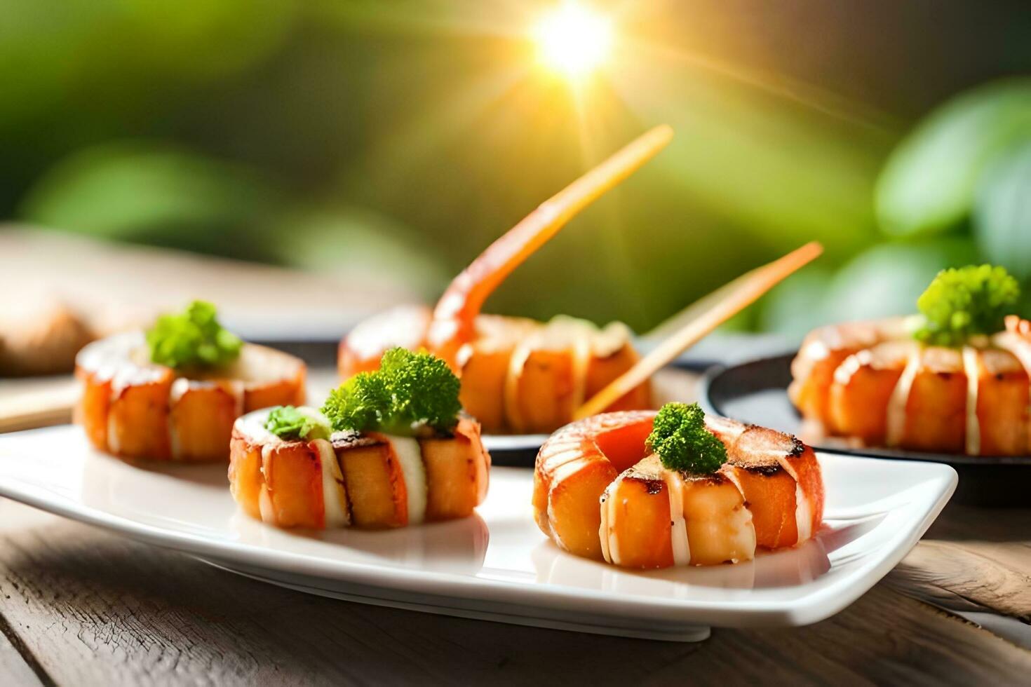 AI generated small shrimp appetizers on a plate with a green background. AI-Generated photo