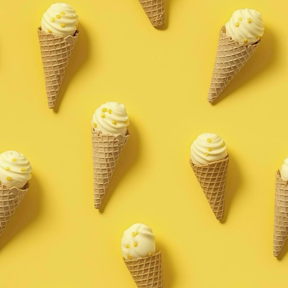 AI generated Ice Cream pattern on yellow background, top view. AI Generated photo