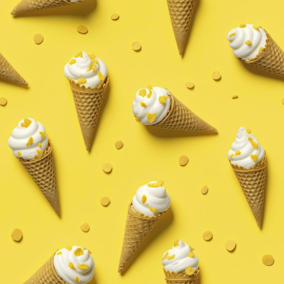 AI generated Ice Cream pattern on yellow background, top view. AI Generated photo