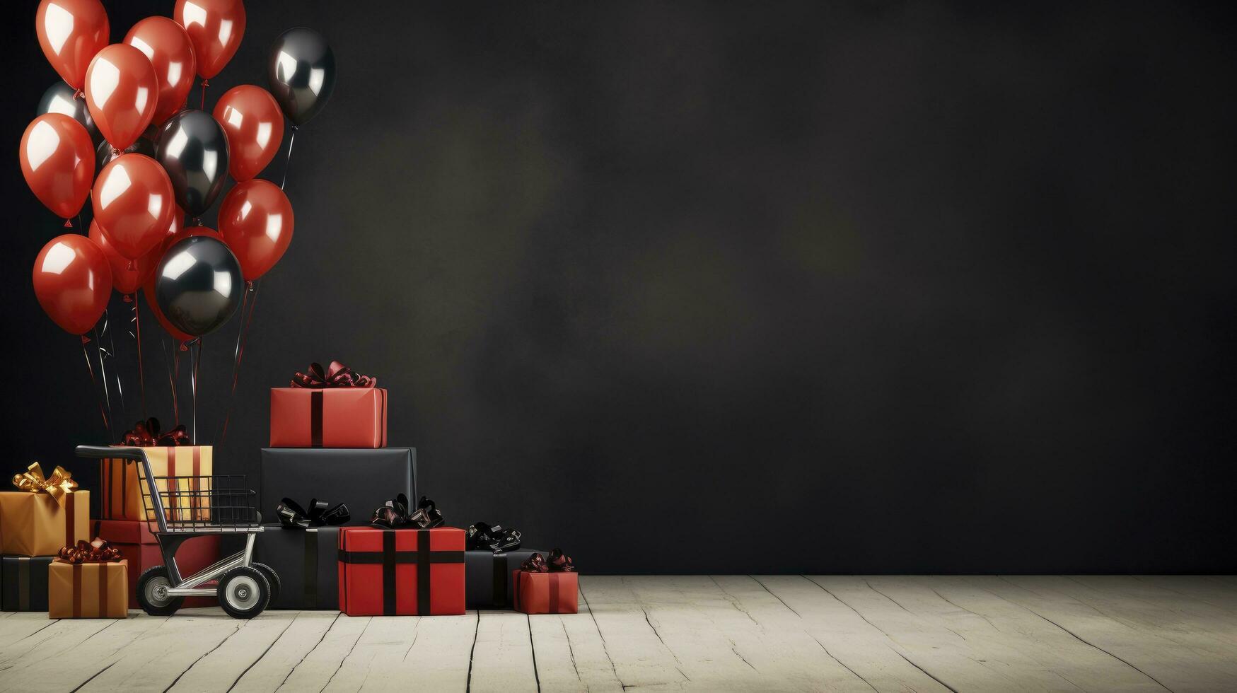 AI generated Black Friday sale banner with ballon and gift box space for text. AI Generated photo