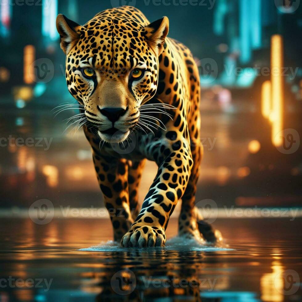 ai generado un leopardo caminando mediante agua con césped y cañas en el antecedentes foto