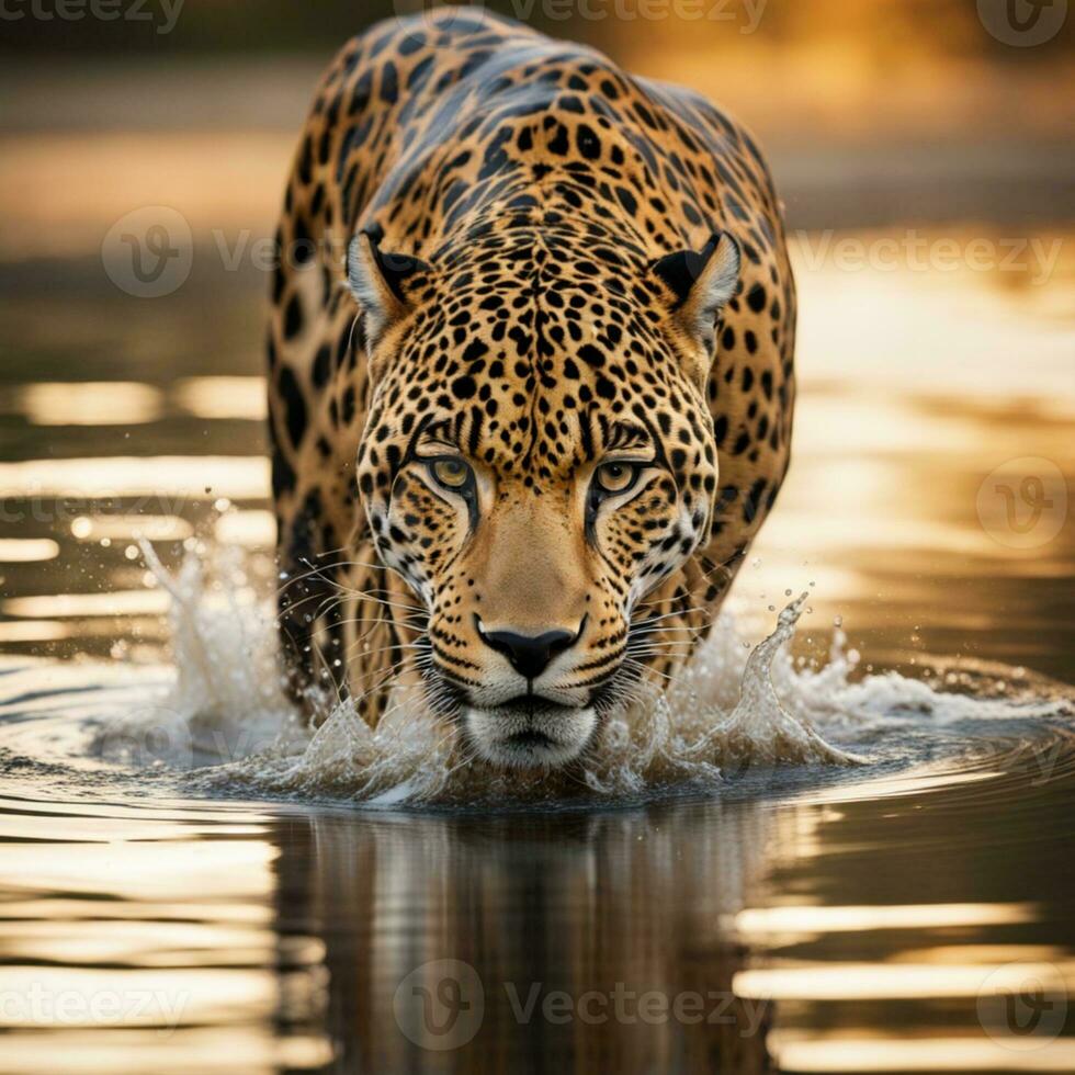 AI generated a leopard walking through water with grass and reeds in the background photo