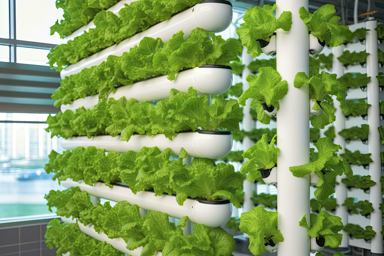 AI generated Vertical Hydroponic Plant System With Cultivated Lettuces. AI Generated photo