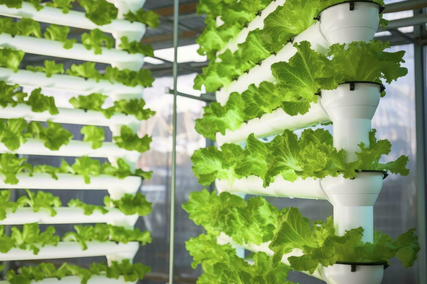 AI generated Vertical Hydroponic Plant System With Cultivated Lettuces. AI Generated photo