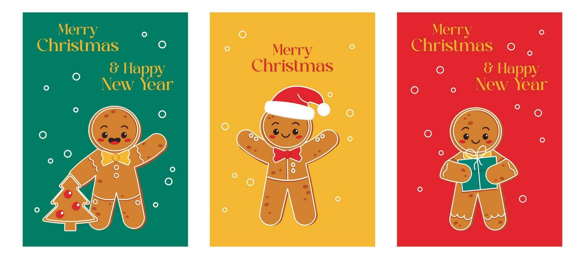 Christmas card set. With illustrations of a gingerbread man. Merry Christmas. Vector graphic.