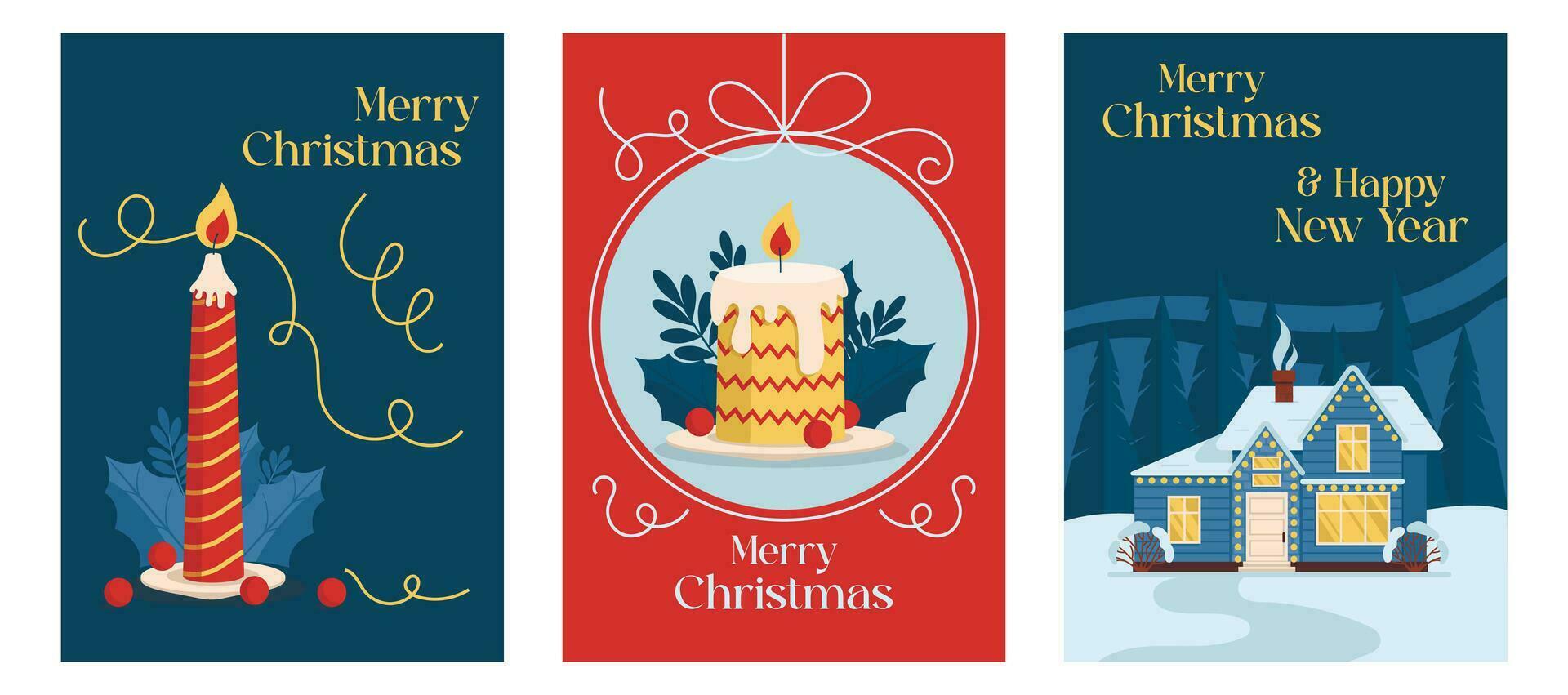 Christmas card set. With illustrations of a winter house and burning Christmas candles. Merry Christmas. Vector graphic.