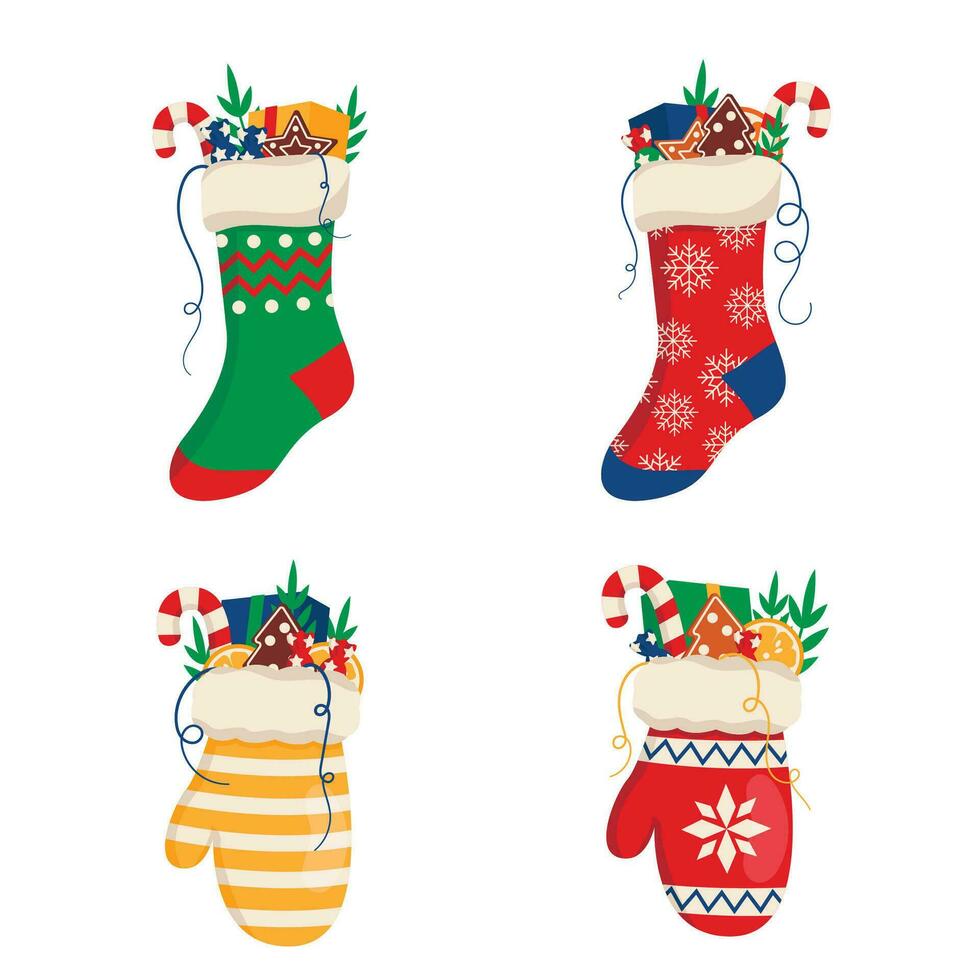 Set of illustrations of Christmas nights and mittens with gifts. Vector graphic.