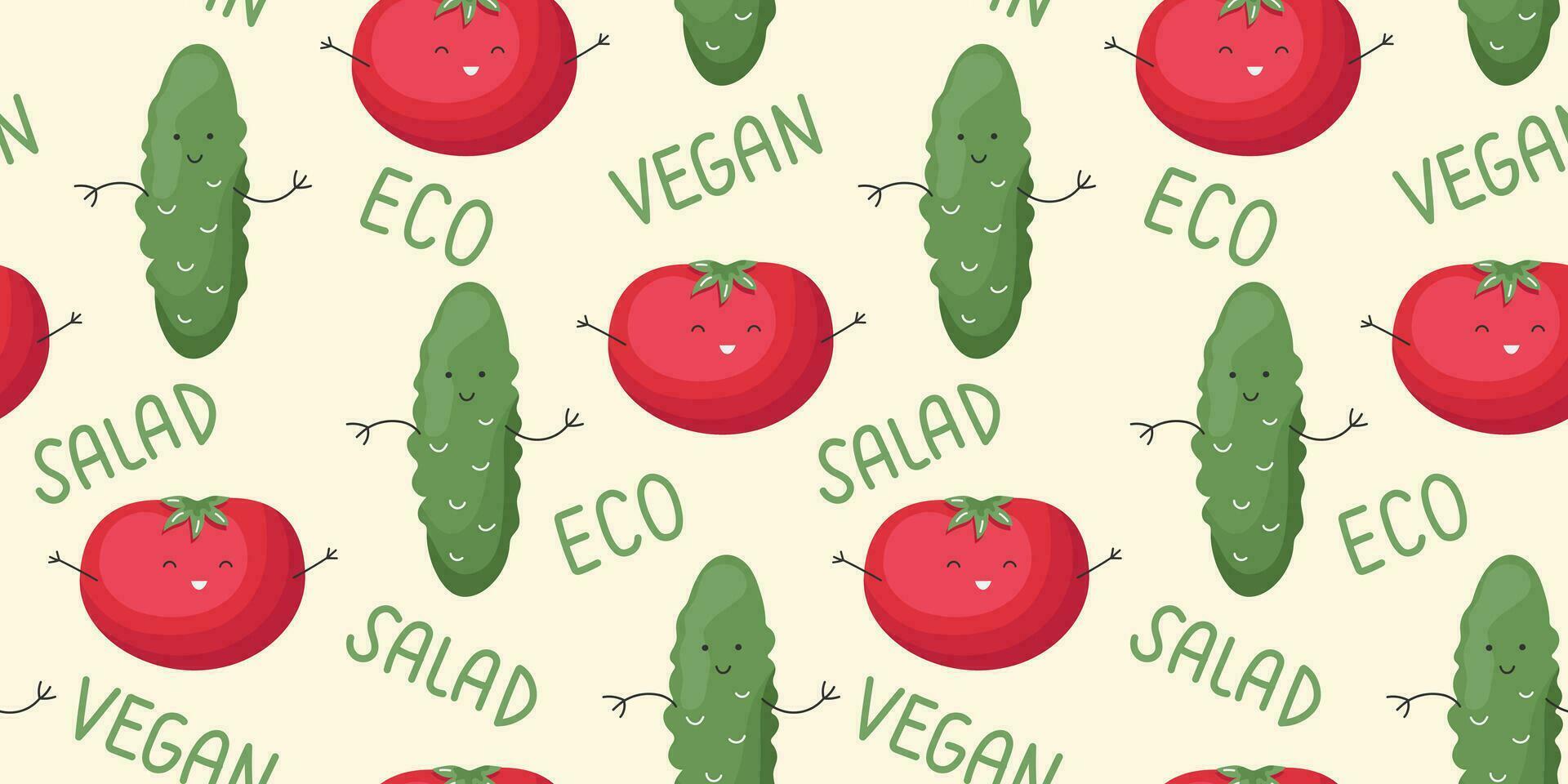 Vector Seamless Pattern with Cute Cartoon Funny Tomato and Cucumber. Children Healthy Nutrition Concept. Baby Vegetable Characters