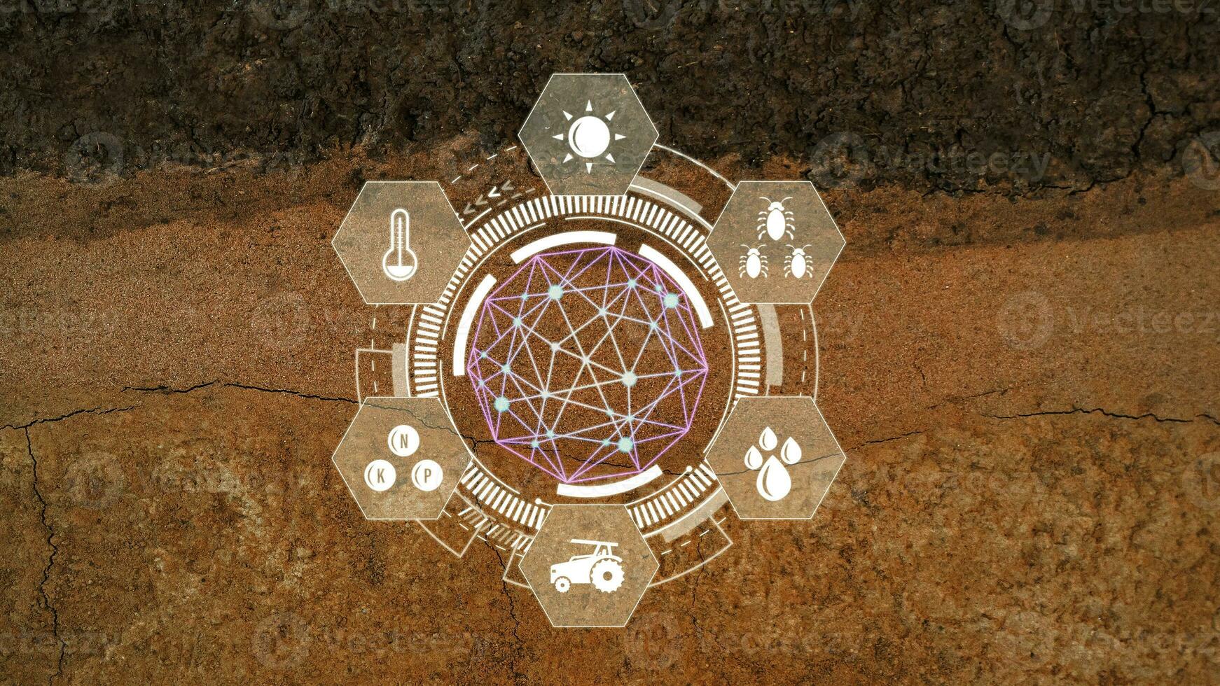 Underground soil layers beneath, stratum of organic clay and precision agriculture with visual icon, Innovation technology for smart farm system, Agriculture management, smart technology concept photo