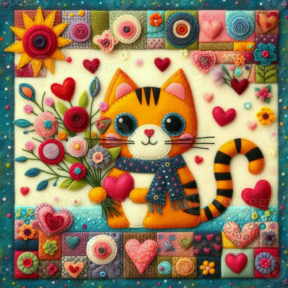 AI generated Cute red cat with heart and bouquet. Valentine card with romantic animal in felt art patchwork quilt, colorful expressionist style photo