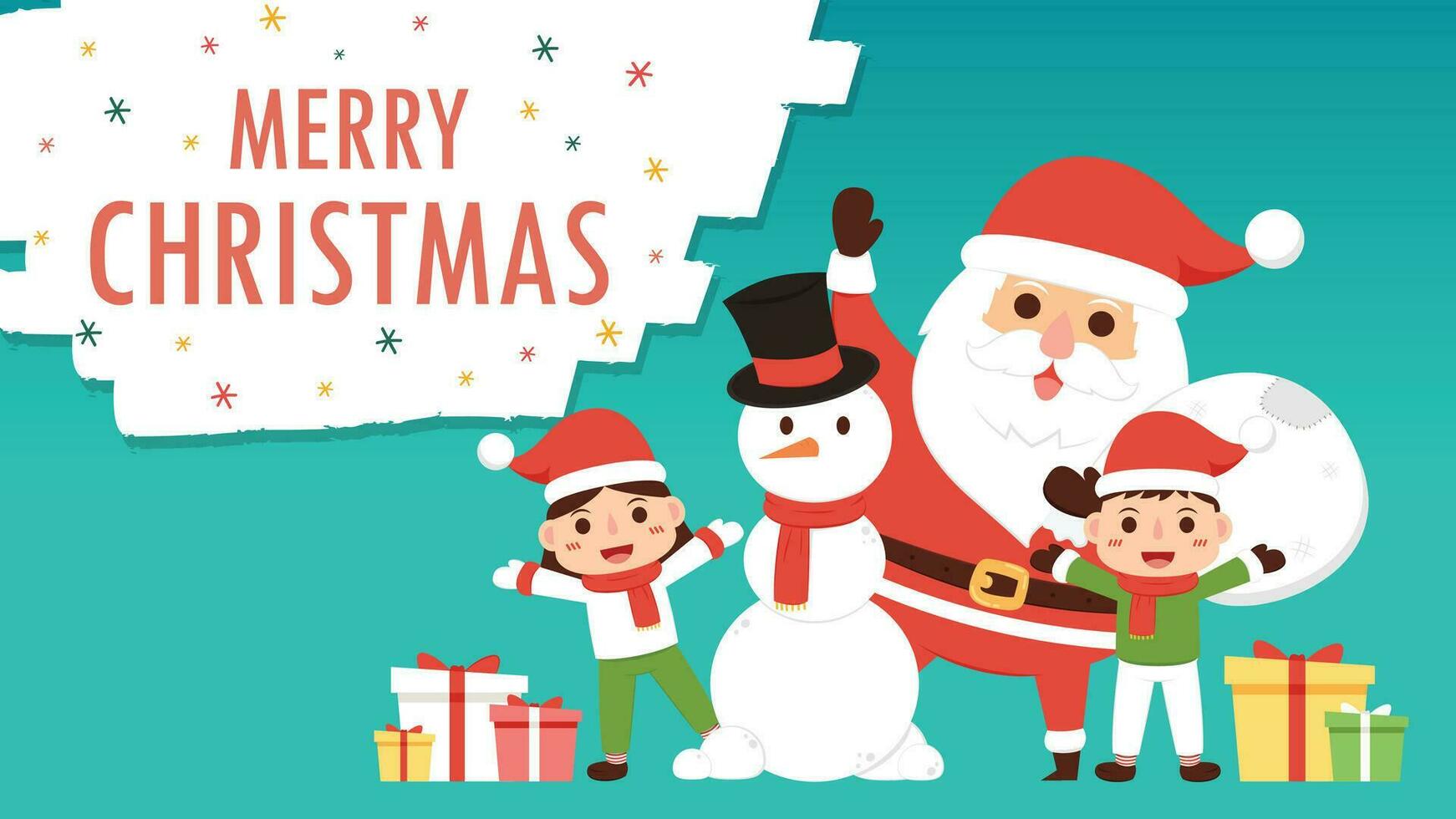Merry Christmas and happy new year greeting card with cute Santa Claus, deer, gifts. Holiday cartoon character in winter season. vector