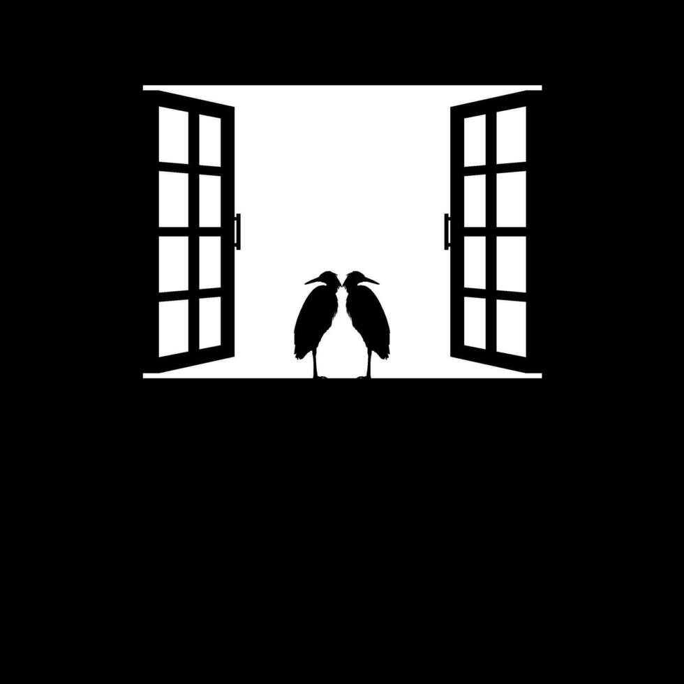 Silhouette of the Pair Black Heron on the Window. Vector Illustration