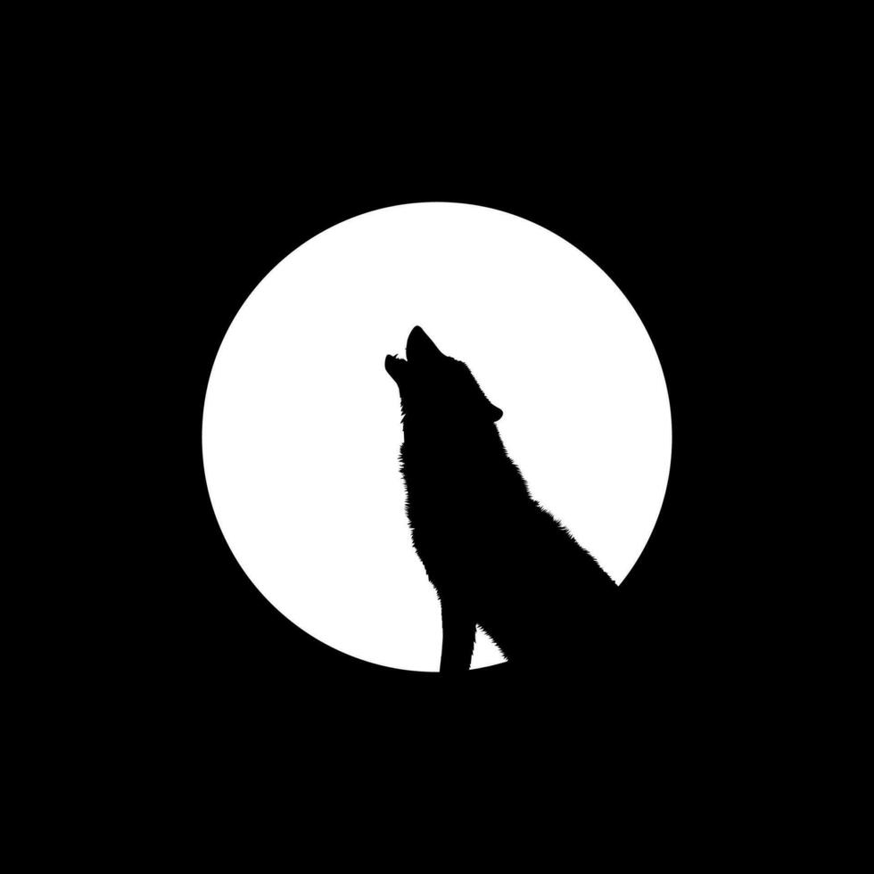 Silhouette of the Wolf Howled on the Full Moon Circle Shape, Moonlight, for Logo Type, Art Illustration, Pictogram or Graphic Design Element. Vector Illustration