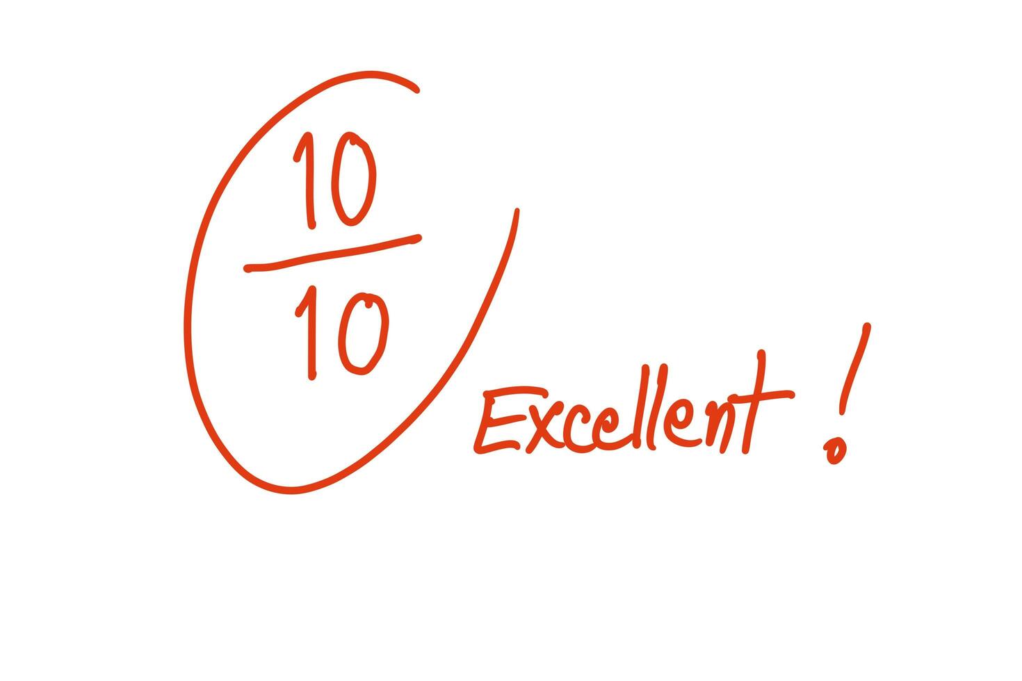 Test result get 10 from total of 10. Scores Excellent. Handwritten with red ink. White background. Concept, education evaluation. Using compliment word to encourage and motivate of learning. photo