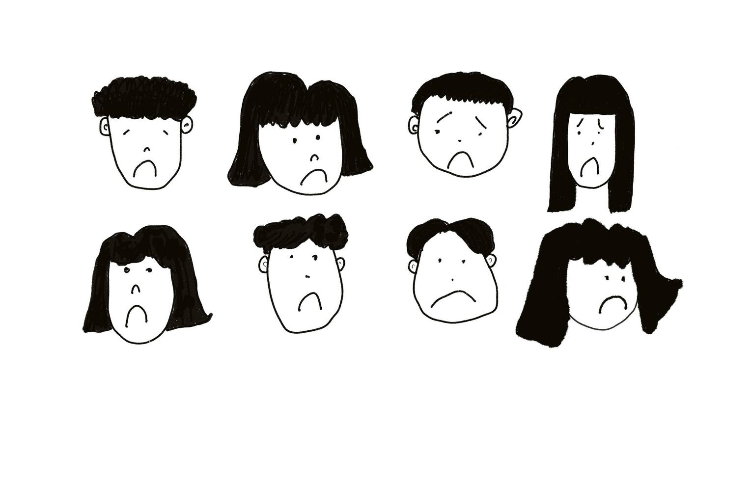 Hand drawn pictures for negative unhappy, sad, bored feelings of human cartoon faces .White background. Concept,Feelings and emotions, illustration for using as teaching aids. Design for decoration. photo