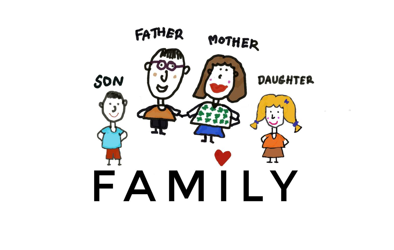 Hand drawn picture cartoon characters of father, mother, daughter and son. Family. White background. Concept, warm and happy family. Illustration for using as teaching aids or design for decoration. photo