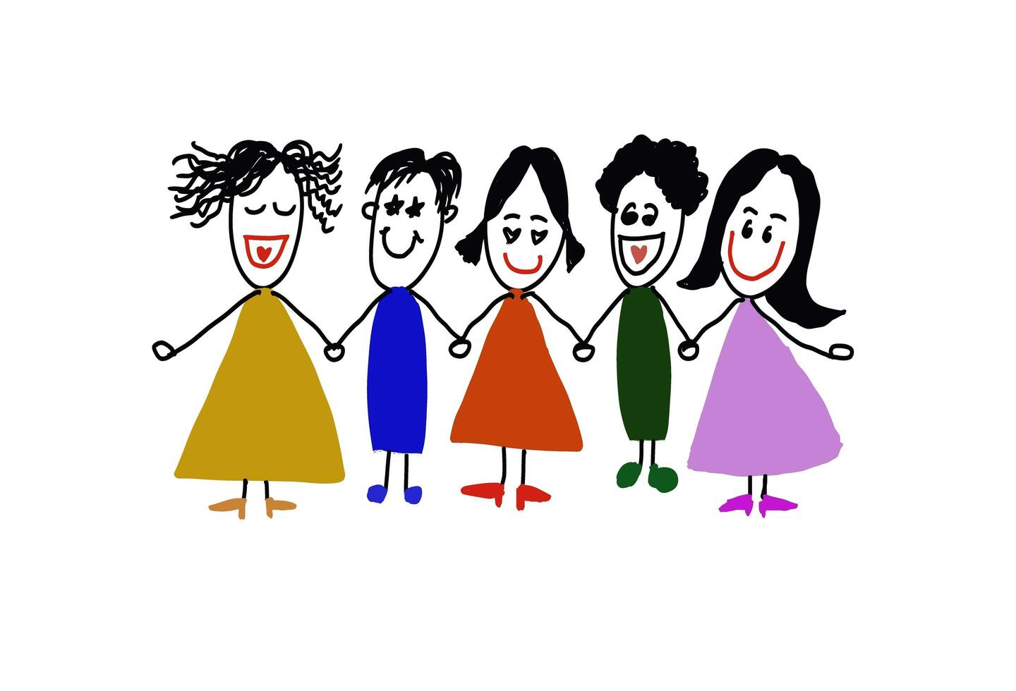 Hand drawn picture of colorful human cartoons characters. Concept, happy time with friends. Illustration for using as teaching aids or design for decoration. Love and friendships. photo