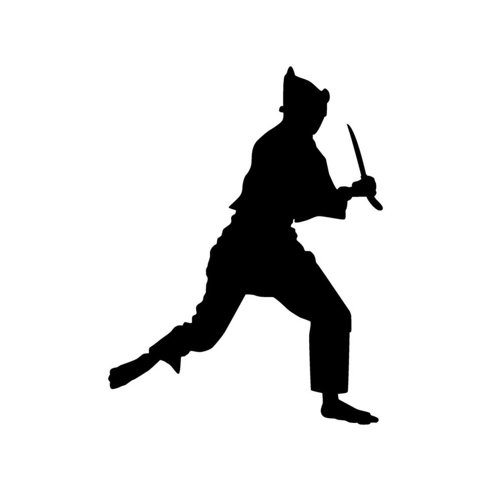 silueta de pencak silat' atleta en acción utilizar machete como un arma, pencak silat es marcial Arte desde Indonesia. vector ilustración