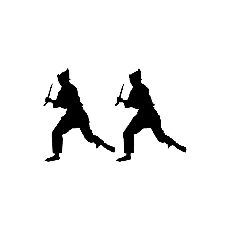 silueta de pencak silat' atleta en acción utilizar machete como un arma, pencak silat es marcial Arte desde Indonesia. vector ilustración