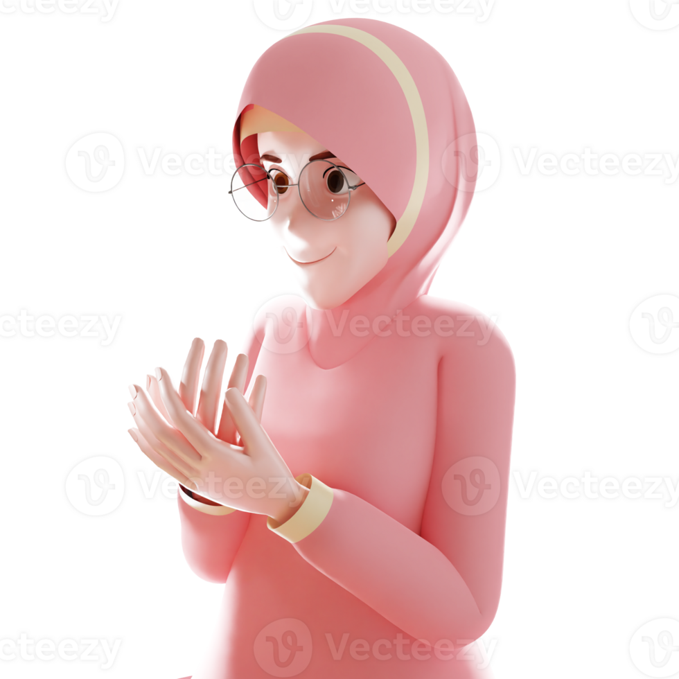 3d illustration of Muslim woman cartoon character praying in the month of Ramadan on transparent background png