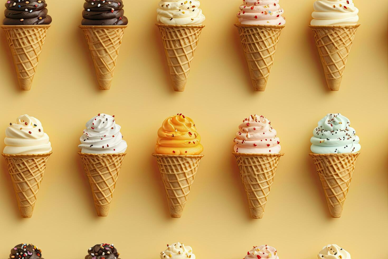 AI generated Incorporate a variety of waffle cones with different ice cream flavors. AI Generated photo