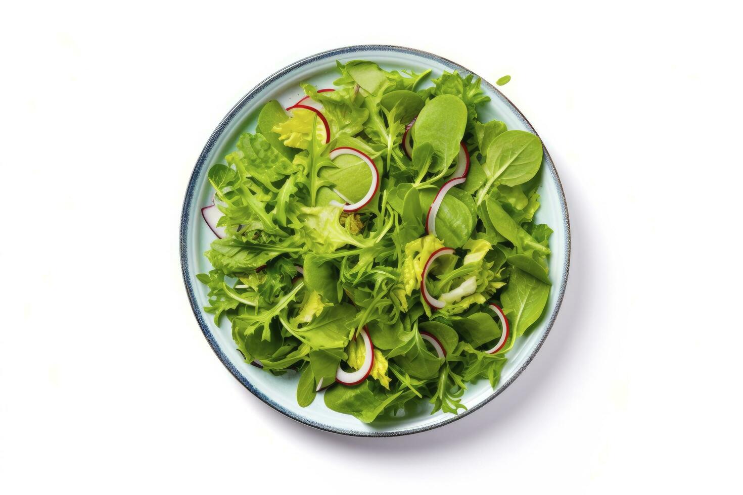 AI generated Healthy fresh green salad plate shot from above on white background. AI Generated photo