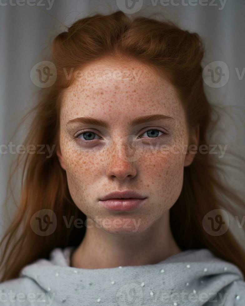 AI generated Potrait of a Serious freckled girl facial, with red hair and a gray sweatshirt photo