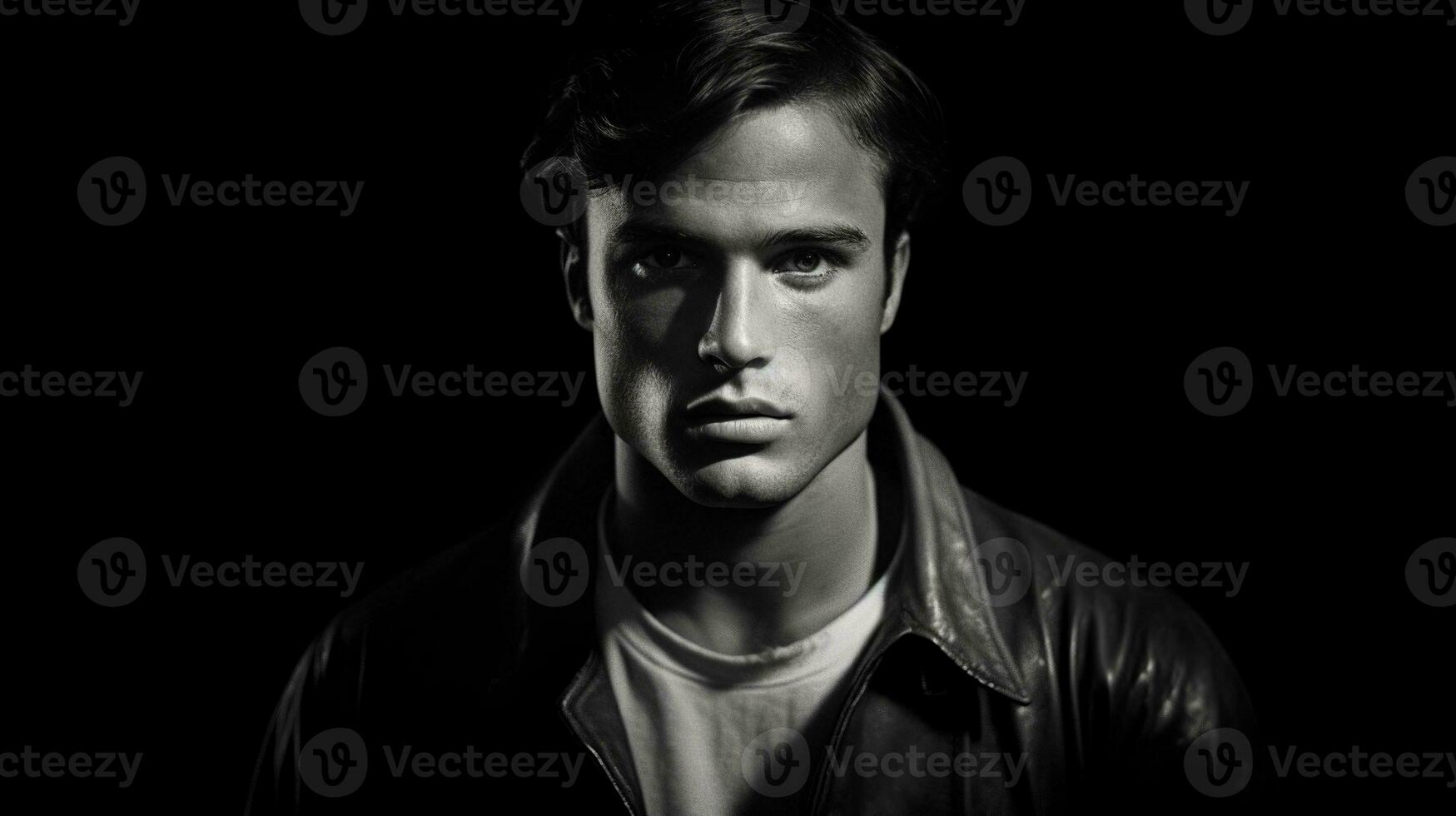 AI generated 1970's black and white photography portrait of a young, wearing leather jacket, and lit from the front against a black background photo