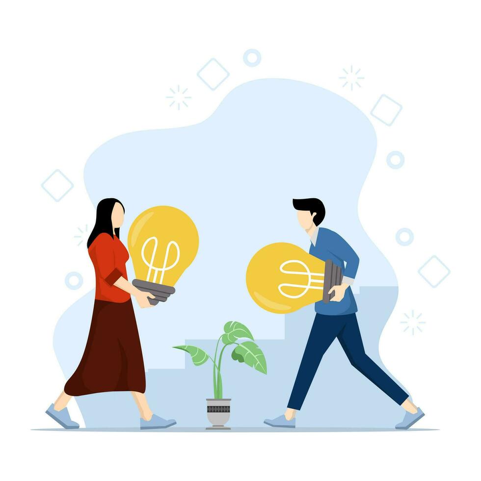 Concept of sharing business ideas, collaboration meeting, knowledge sharing, teamwork or people thinking about the same idea, smart thinking business people, office workers. flat vector illustration.