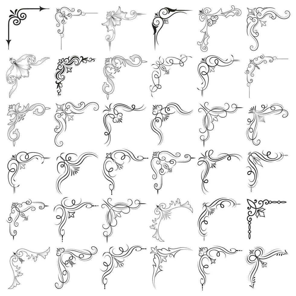 Vector illustration of decorative corner frame set. Set Hand Draw of Corners Different Shapes Flower Decoration Vector Design Doodle Sketch Style for Wedding and Banner.