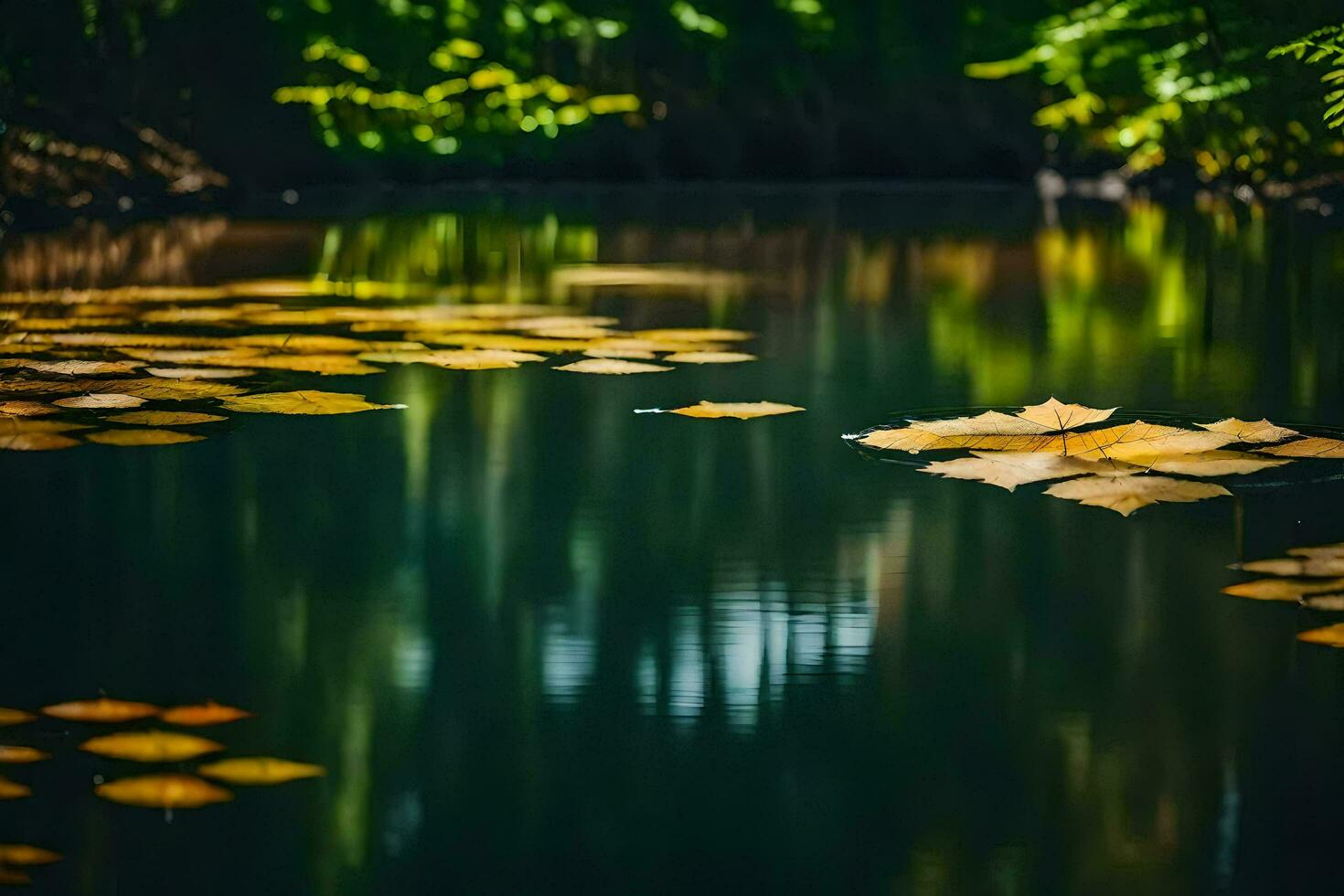 AI generated yellow leaves floating on the water in a forest photo