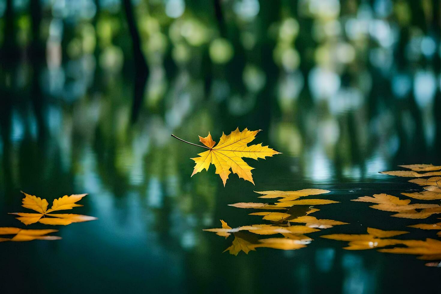 AI generated autumn leaves floating on the water photo