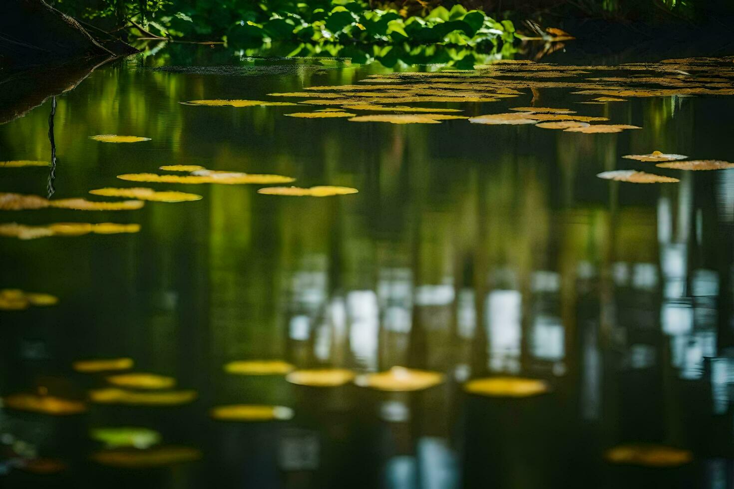 AI generated yellow lily pads floating in a pond photo