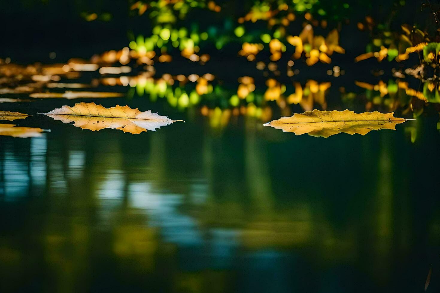 AI generated autumn leaves floating on the water photo
