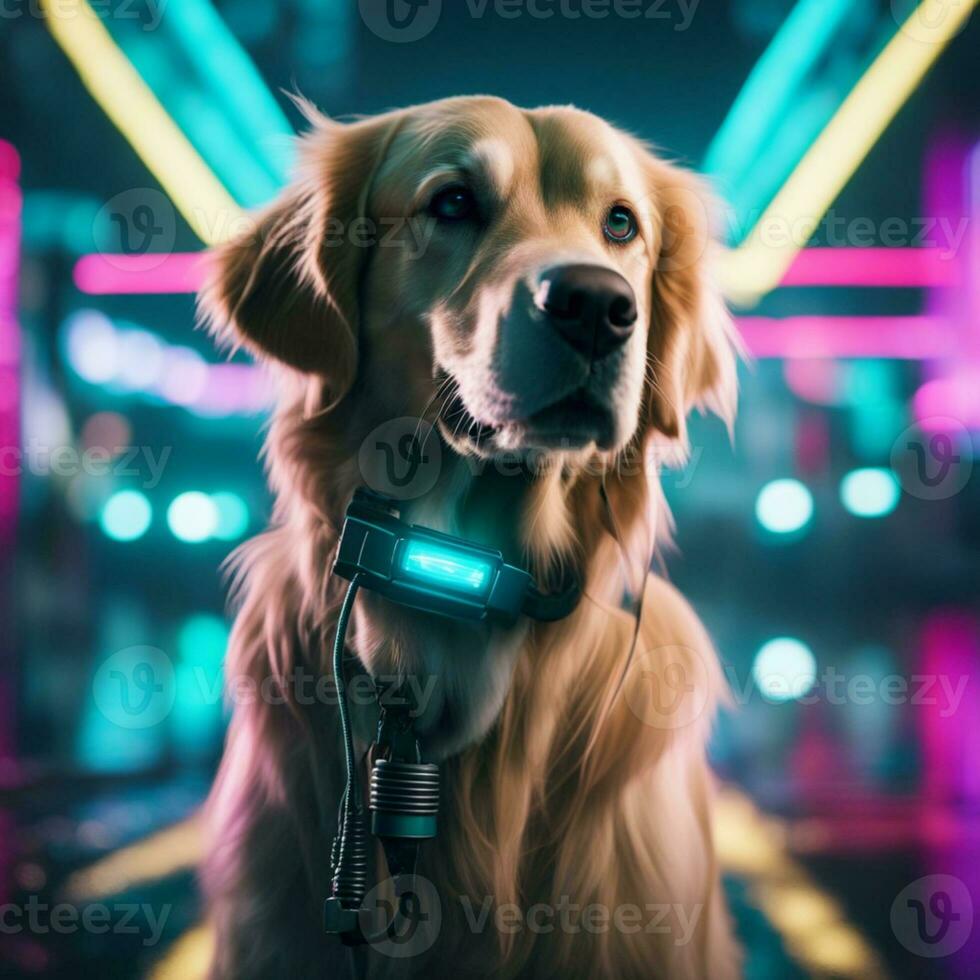 AI generated a golden retriever is smiling in front of lights photo