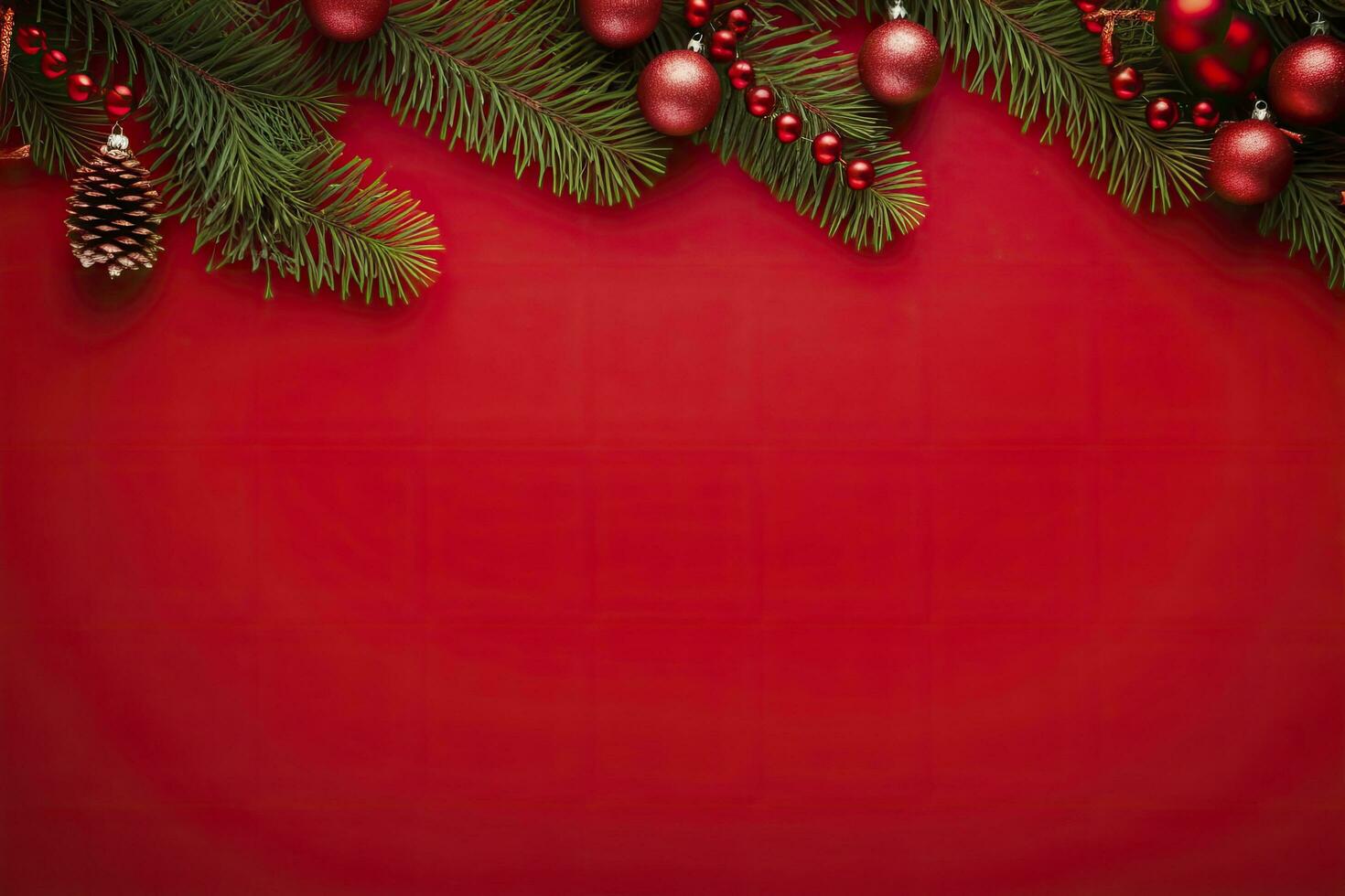 AI generated Christmas or New Year red background with fir decor. AI Generated photo