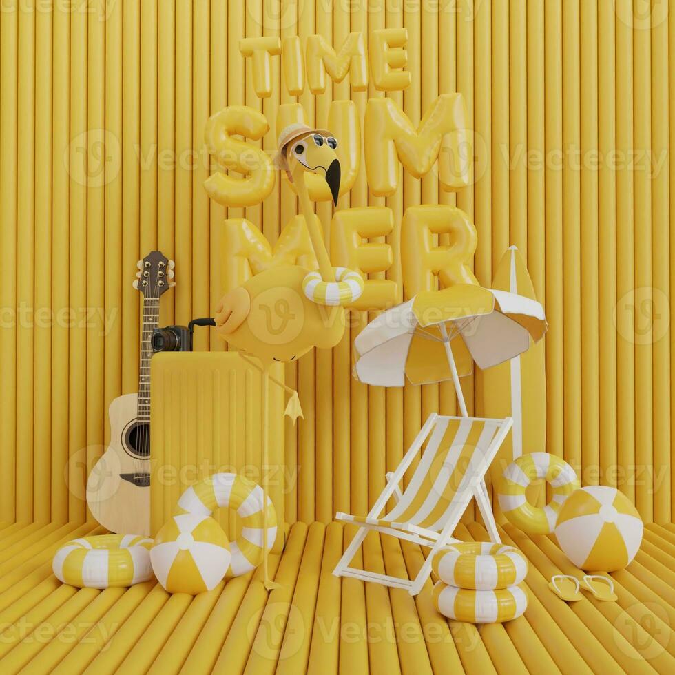 3d illustration of suitcase accessories with umbrella and flamingo on yellow summer vacation, abstract yellow background photo