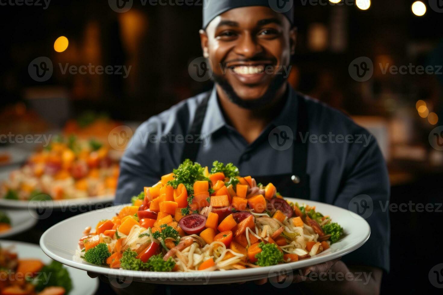 AI Generated A smiling black man holding a plate of food, AI photo