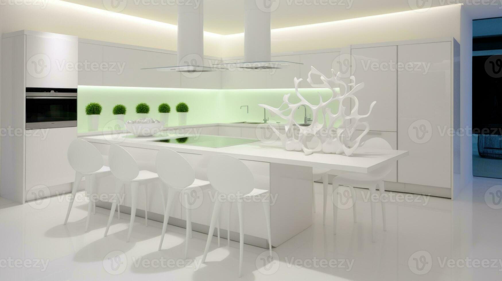 AI Generated A white kitchen with a center island and white chairs, AI photo