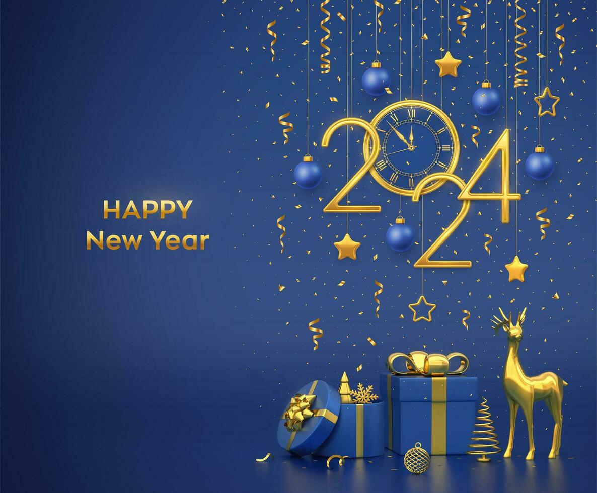 Happy New Year 2024. Merry christmas card. Hanging golden metallic numbers 2024, stars, balls, confetti. Watch with Roman numeral countdown midnight. Gift boxes, gold deer, fir, spruce trees. Vector. vector