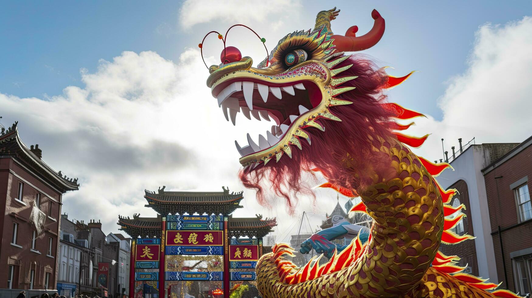 AI generated Chinese Dragon under a bright sky. AI Generated photo