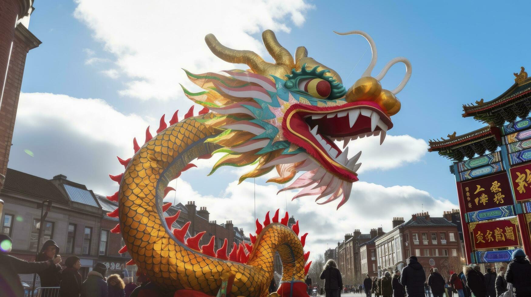 AI generated Chinese Dragon under a bright sky. AI Generated photo