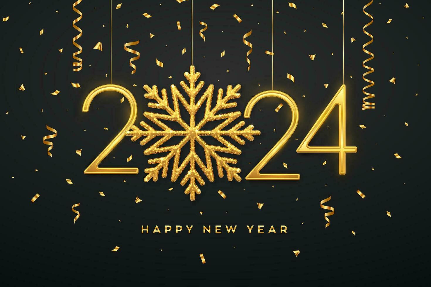 Happy New Year 2024. Hanging Golden metallic numbers 2024 with shining snowflake and confetti on black background. New Year greeting card or banner template. Holiday decoration. Vector illustration.