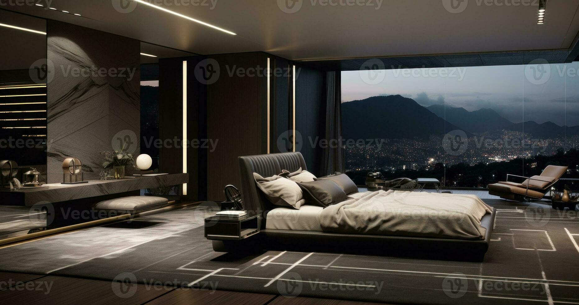 AI Generated A bedroom with a view of a city, AI photo