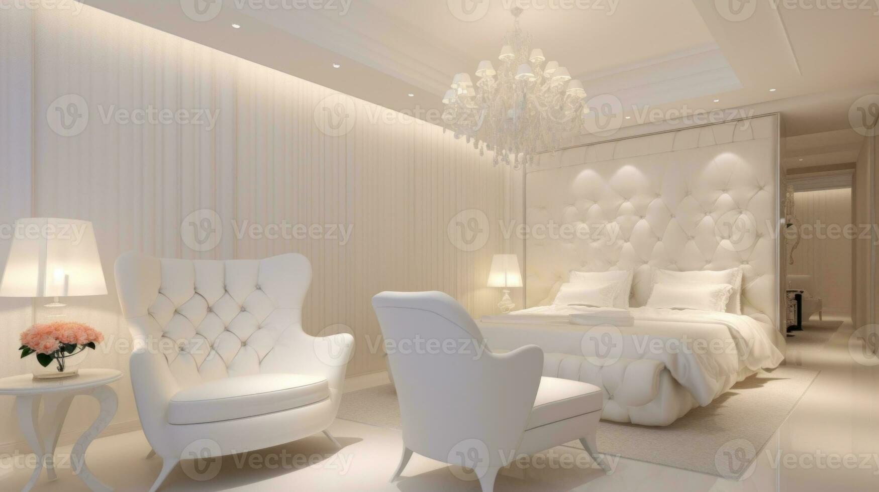 AI Generated A bedroom with a white bed and a white chair, AI photo