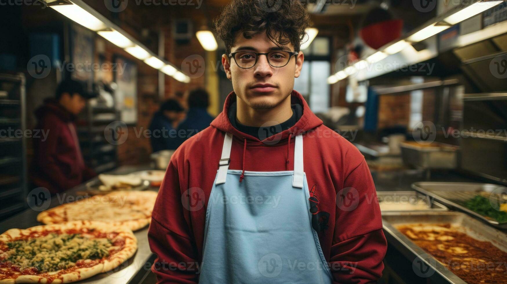 AI Generated A man standing in front of a counter filled with pizzas, AI photo