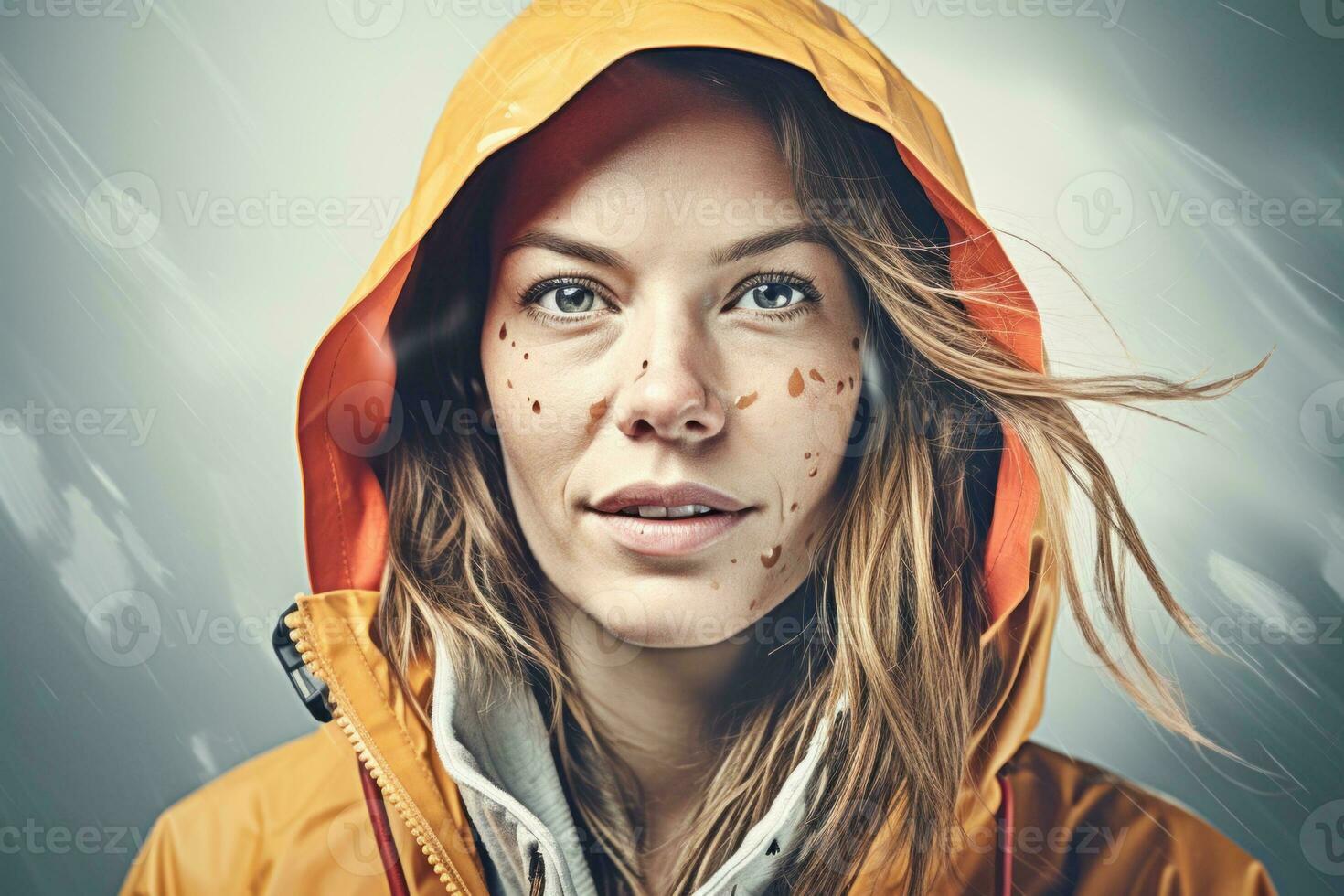 AI Generated A woman with freckles on her face in a raincoat, AI photo