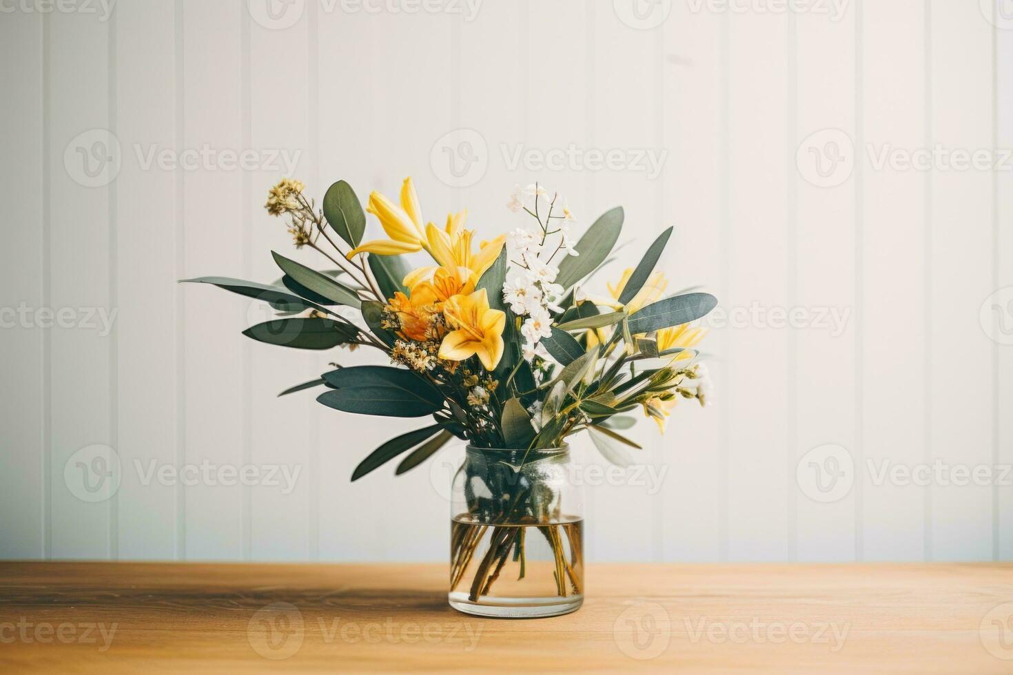 AI Generated A vase filled with yellow flowers on top of a wooden table, AI photo